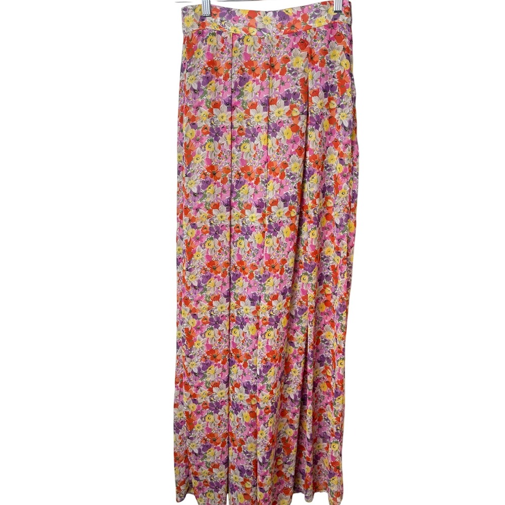 Zara Wide Leg Pants Womens M Pink Floral High Rise Pleated Flowy 2842